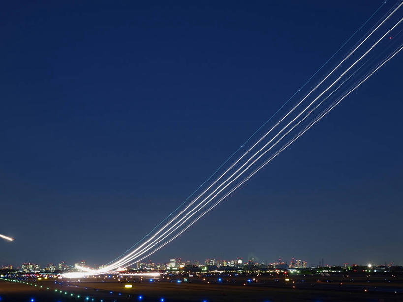 无人,机场,横图,室外,夜晚,留白,长时间曝光,飞机,日本,日本文化,蓝色,运输,摄影,照亮,万里无云,大阪府,关西国际机场,兵库县,彩图