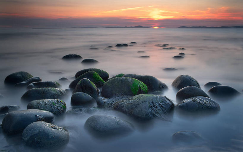 无人,横图,室外,长时间曝光,海洋,日落,太阳,英国,水平线,风景,天空,自然,摄影,宁静,威尔士,潮汐,海滩,岩石,彩图