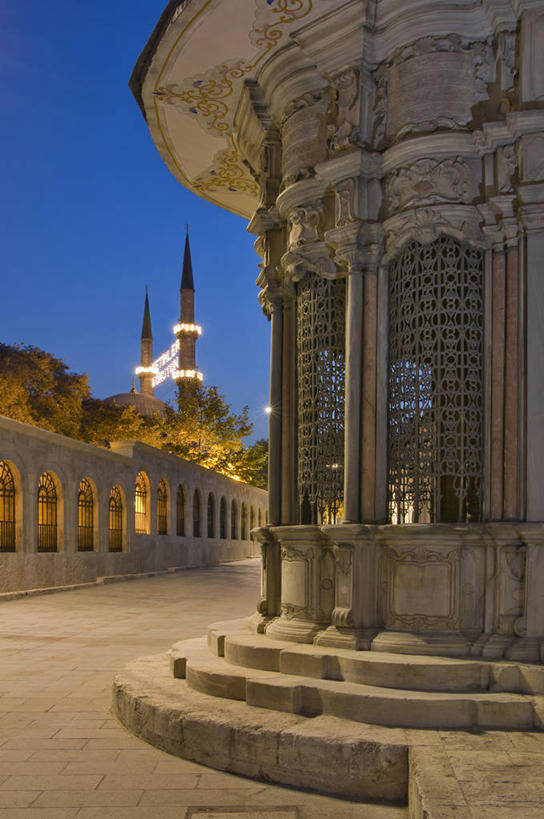 无人,竖图,室外,建筑,拱门,历史,树,黄昏,摄影,宗教,尖塔,宗教建筑,清真寺,伊斯坦布尔,万里无云,彩图