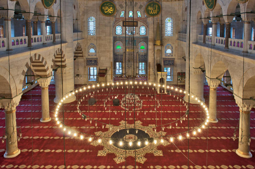 无人,横图,俯视,室内,地毯,柱子,摄影,宗教,照亮,伊斯兰教,宗教建筑,清真寺,水晶吊灯,伊斯坦布尔,彩图,高角度拍摄