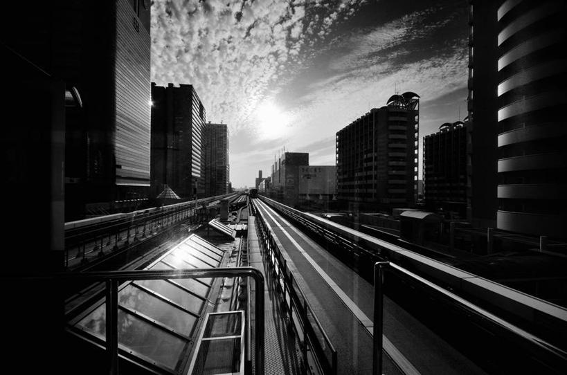 无人,横图,黑白,室外,白天,天际线,城市,建筑,路,铁路,东京,日光,日本,日本文化,云,轨道,公共交通,交通,铁轨,首都,天空,地标建筑,运输,摄影,台场