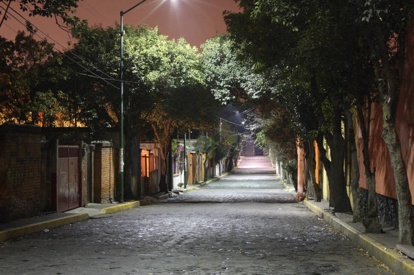 无人,横图,室外,夜晚,路灯,墨西哥,小路,首都,树,天空,摄影,照亮,拉丁美洲,墨西哥城,彩图,林荫大道