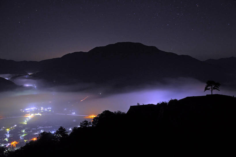 无人,横图,室外,夜晚,山,雾,日本,光,自然,摄影,宁静,照亮,剪影,万里无云,兵库县,彩图