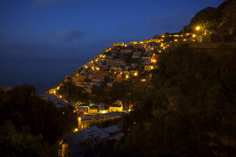 无人,横图,俯视,航拍,室外,城市,建筑,意大利,黎明,树,摄影,宁静,照亮,鸟瞰,波西塔诺,彩图,高角度拍摄