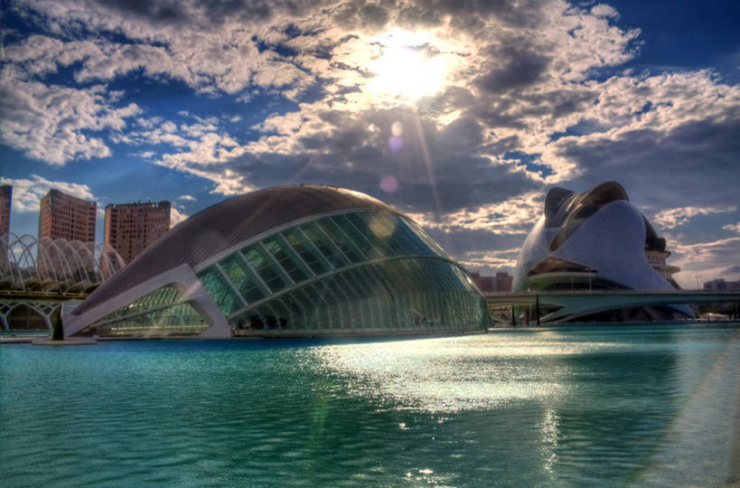 无人,横图,室外,白天,镜头眩光,度假,美景,城市风光,城市,建筑,日光,西班牙,反射,景观,云,娱乐,现代,天空,地标建筑,享受,休闲,景色,放松,摄影,巴伦西亚省,几何形状,彩图,艺术科学城