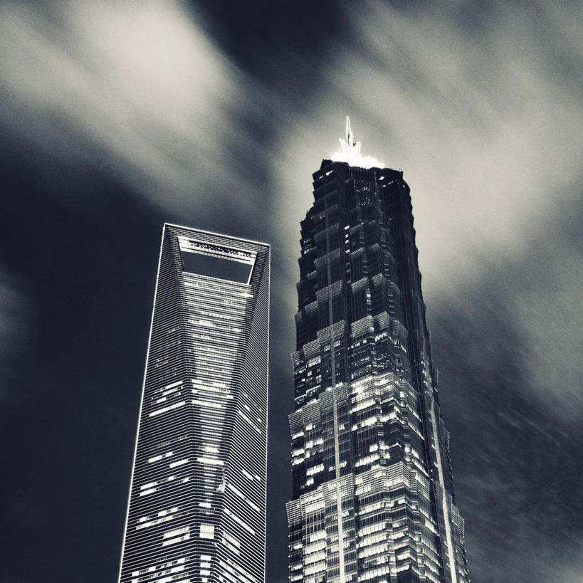 无人,方图,黑白,室外,夜晚,长时间曝光,仰视,建筑,摩天大楼,云,塔,现代,金茂大厦,天空,摄影,上海环球金融中心,低角度拍摄