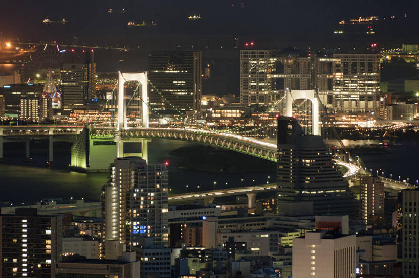 无人,横图,俯视,室外,夜晚,度假,河流,美景,城市风光,城市,建筑,东京,日本,日本文化,景观,首都,联系,娱乐,现代,享受,休闲,景色,放松,摄影,吊桥,照亮,发展,台场,彩图,高角度拍摄,东京彩虹桥