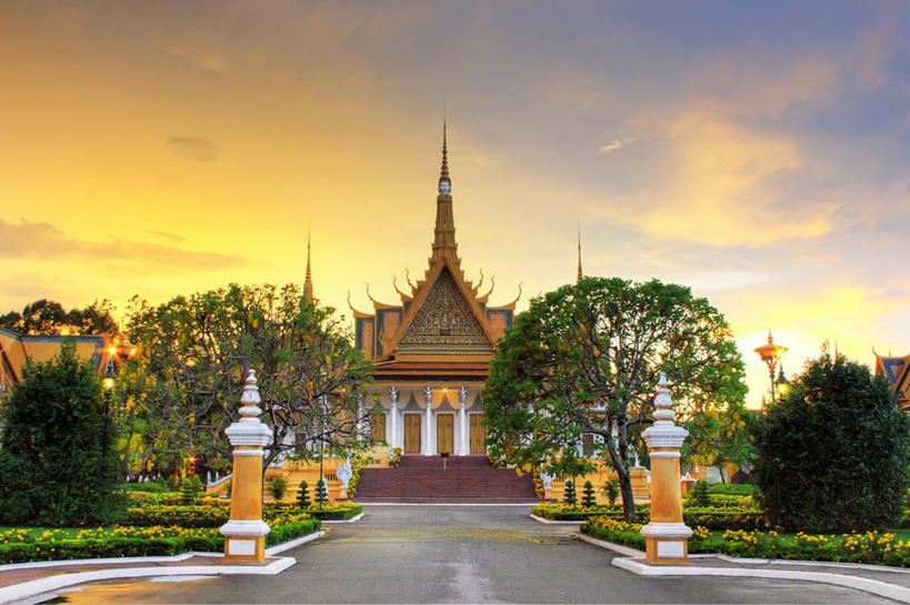 无人,横图,室外,日落,建筑,柬埔寨,云,首都,树,天空,自然,摄影,佛教,宁静,彩图,金边,柬埔寨文化