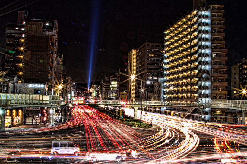 无人,横图,室外,夜晚,长时间曝光,天际线,城市,建筑,路,汽车,日本,日本文化,弯曲,现代,车,交通工具,运输,摄影,京都府,尾灯,迅速,照亮,载具,发展,空中走廊,彩图