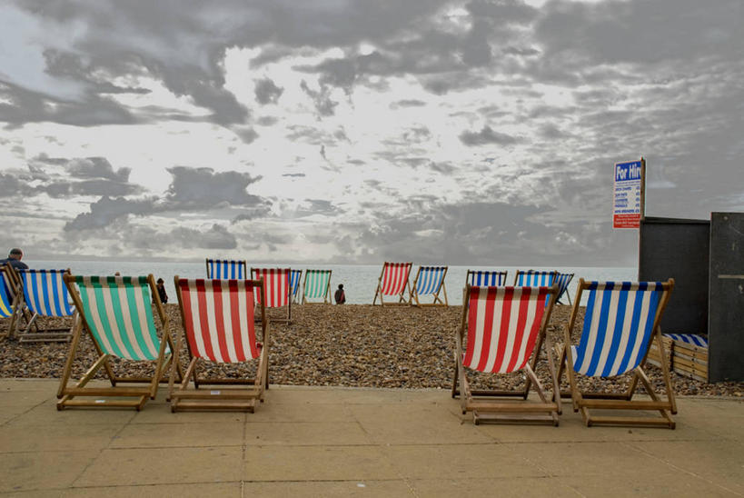 横图,室外,白天,度假,海洋,英国,许多,条纹,云,很多,风景,自然,摄影,海滩,休闲椅