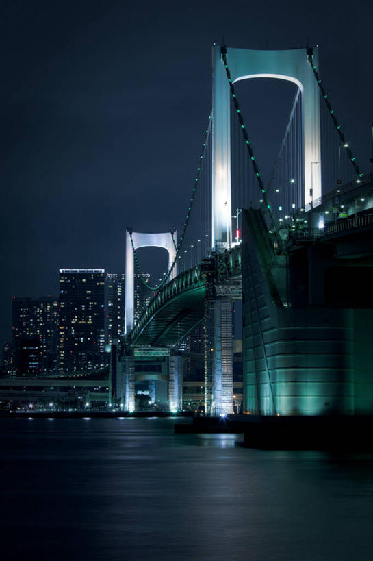 无人,竖图,室外,夜晚,仰视,海洋,水,城市,建筑,东京,日本,日本文化,桥,光亮,关东地区,首都,联系,顶部,天空,运输,摄影,吊桥,部分,照亮,工程,东亚,万里无云,台场,低角度拍摄,旅行,东京彩虹桥