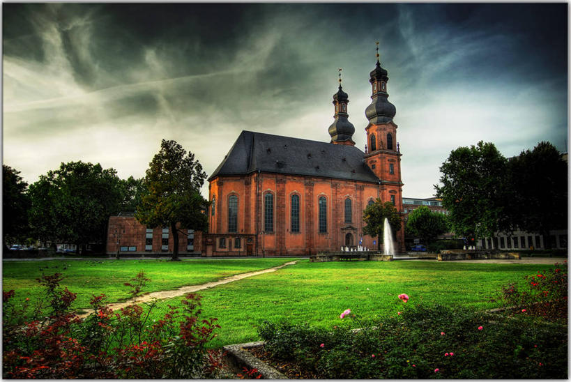 无人,横图,室外,建筑,喷泉,德国,欧洲,云,小路,草,树,天空,自然,黄昏,摄影,环境,西欧,中欧,德意志联邦共和国,莱茵兰.普法尔茨州,美因茨,旅行