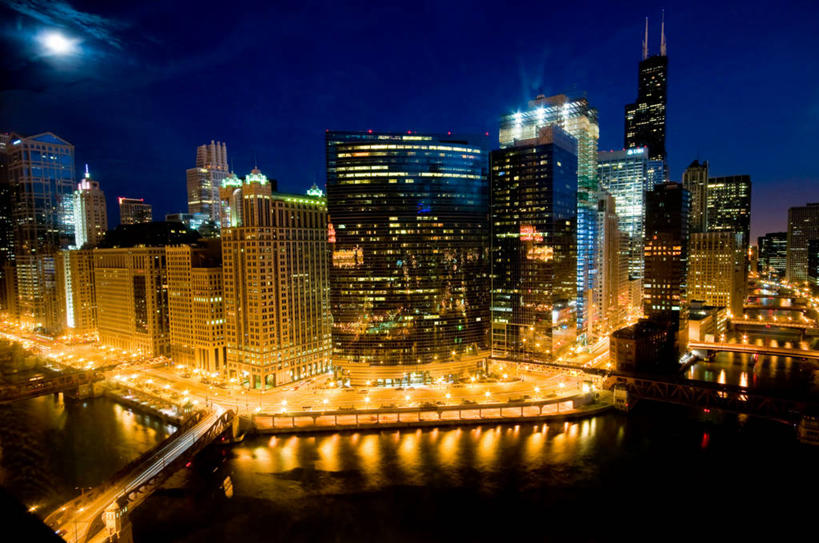 无人,横图,俯视,室外,夜晚,度假,美景,城市风光,城市,建筑,摩天大楼,美国,反射,景观,娱乐,地标建筑,享受,休闲,景色,放松,摄影,照亮,北美,北美洲,美洲,伊利诺斯州,芝加哥市,北亚美利加洲,亚美利加洲,西尔斯大厦,芝加哥河,高角度拍摄,美利坚合众国