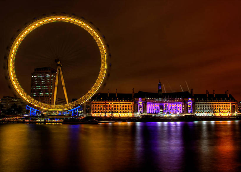 无人,横图,室外,夜晚,天际线,反射,首都,伦敦眼,泰晤士河,风景,摄影,照亮,英国文化,万里无云,彩图
