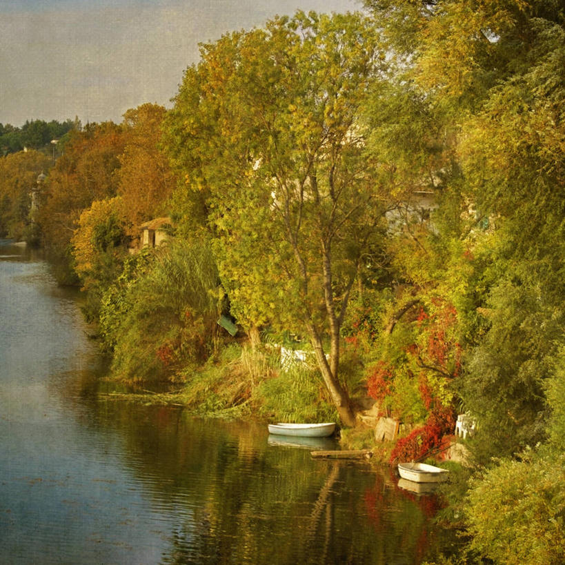 划艇,无人,方图,室外,日落,水,法国,停靠,反射,河岸,树,自然,摄影,停泊,秋天,彩图,旅行,贝塞尔