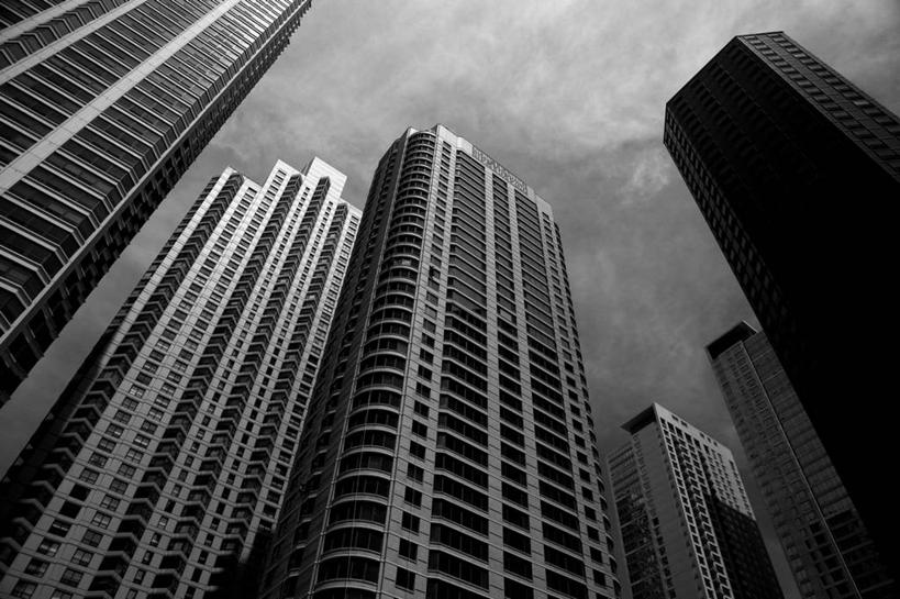 无人,横图,黑白,室外,白天,仰视,商务,天际线,建筑,摩天大楼,美国,现代,天空,摄影,企业,公司,伊利诺斯州,芝加哥市,金融区,低角度拍摄