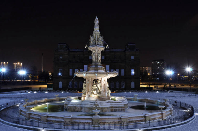 无人,横图,室外,夜晚,建筑,路灯,喷泉,摄影,照亮,格拉斯哥,彩图