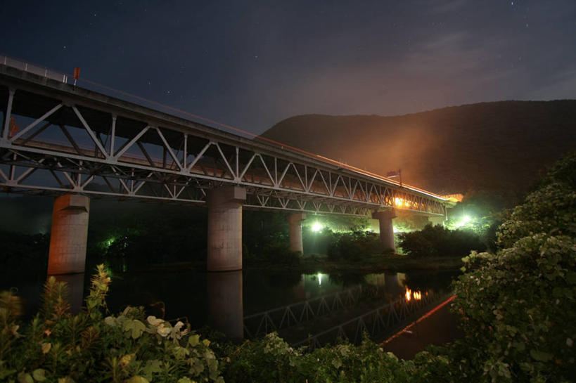 无人,横图,室外,夜晚,水,建筑,日本,日本文化,反射,桥,联系,树,天空,摄影,照亮,冈山县,彩图