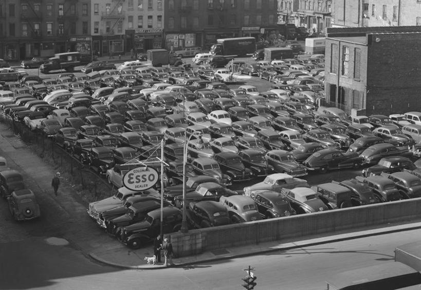 停车场,横图,俯视,黑白,室外,白天,城市,街道,汽车,日光,美国,人行道,古典,历史,夸张,运输,摄影,英文字母,高角度拍摄