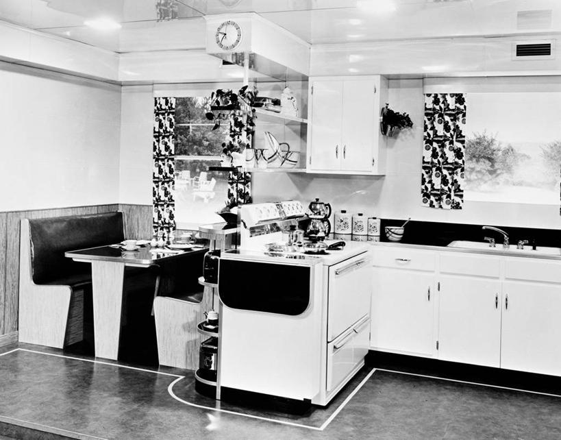 无人,横图,黑白,室内,白天,厨房,窗户,窗帘,家具,桌子,美国,古典,现代,摄影,砖地,炊具