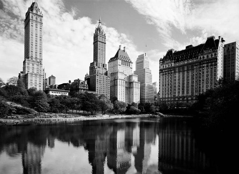 无人,公园,横图,黑白,室外,白天,湖,天际线,城市,建筑,纽约,美国,反射,摄影,第五大道,中央公园
