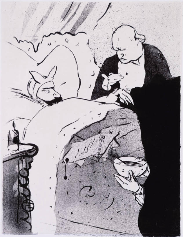 成年人,三个人,人群,医生,病人,坐,躺,竖图,插画,室内,数码,科技,床,卧室,阴影,检查,印刷,网络,毯子,汤,食品,高光,几何,计算机图形,合成,图画,画,碗,枕头,生病,幽默,电脑合成图,数码合成图,隐藏,合成图,漫画,19世纪,写实,具体,具象,发热,彩图,脉诊,平版印刷