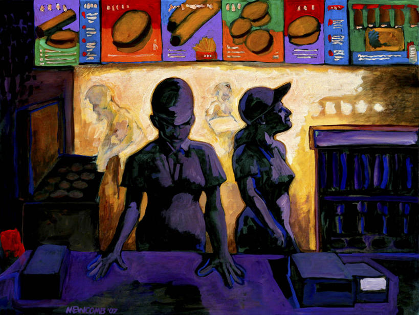 成年人,一个人,两个人,横图,插画,室内,白天,抽象,绘画,数码,科技,仅一个年轻女性,仅一个女性,仅一个人,阴影,艺术,网络,热狗,高光,几何,计算机图形,古典,合成,图画,文化,饮食,菜单,画,工艺品,快餐,品味,收银员,思考,鸭舌帽,美术,电脑合成图,数码合成图,高雅,合成图,选择,漫画,想象,写实,具体,具象,美学,美术工艺,丙稀画,年轻女性,女人,女性,年轻人,售货员,半身,彩图,餐馆,牛肉汉堡