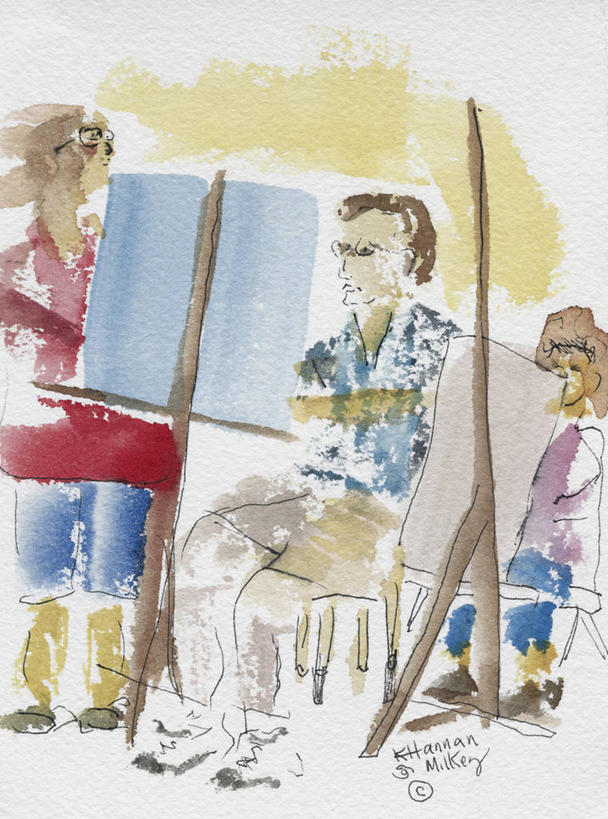 成年人,中年人,三个人,人群,画家,坐,竖图,插画,绘画,数码,科技,阴影,艺术,网络,高光,几何,计算机图形,合成,图画,画架,画,颜料,美术,电脑合成图,数码合成图,创造力,练习,合成图,画布,漫画,写实,具体,具象,美术工艺,中年男性,中年女性,彩图