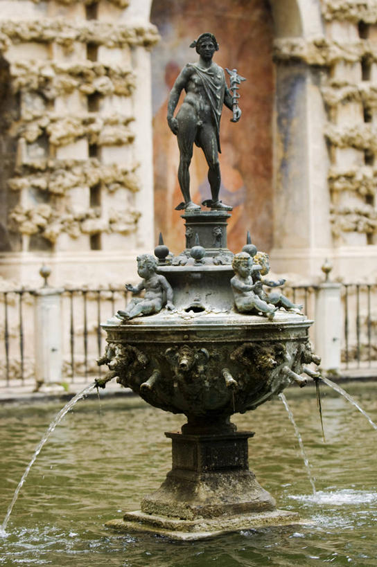 无人,宫殿,竖图,室外,水,喷泉,雕塑,西班牙,欧洲,雕像,城堡,池塘,摄影,小天使,安达路西亚,塞维尔,青铜,彩图