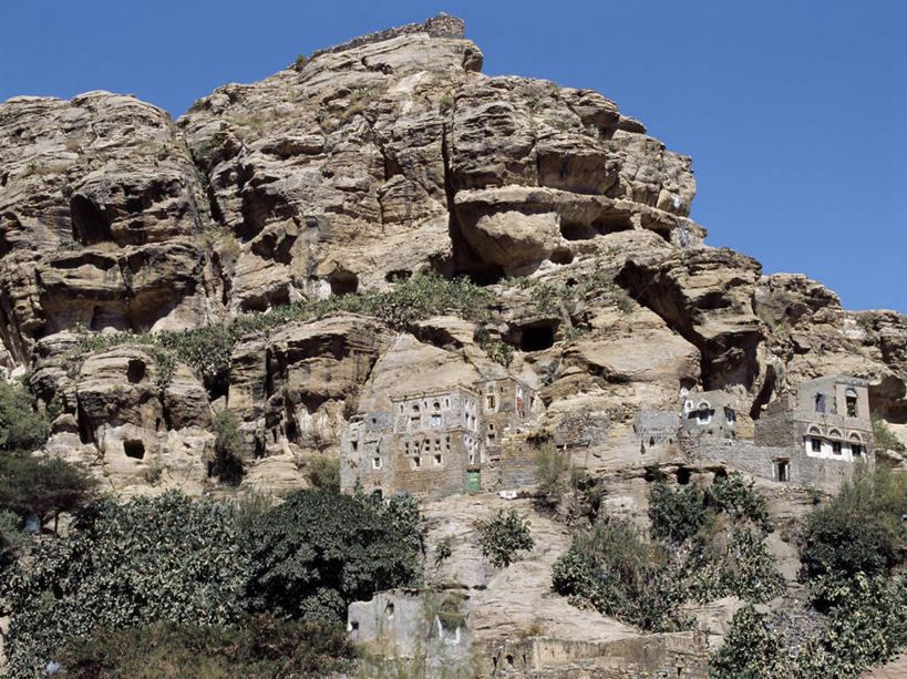 无人,横图,室外,山,也门,地形,悬崖,城镇,陡峭,摄影,峭壁,保护,要塞,彩图