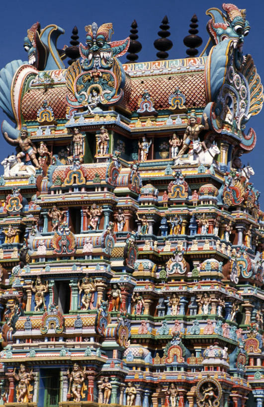 无人,竖图,室外,建筑,马,雕塑,印度,神话,装饰,柱子,砖,图像,动物,摄影,宗教,高雅,女神,印度文化,印度教,泰米尔纳德邦,马杜赖,彩图,神