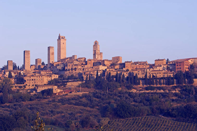 无人,横图,室外,日出,天际线,建筑,意大利,欧洲,房屋,乡村,城镇,塔,黎明,葡萄园,摄影,早晨,托斯卡纳区,圣吉米尼亚诺,彩图