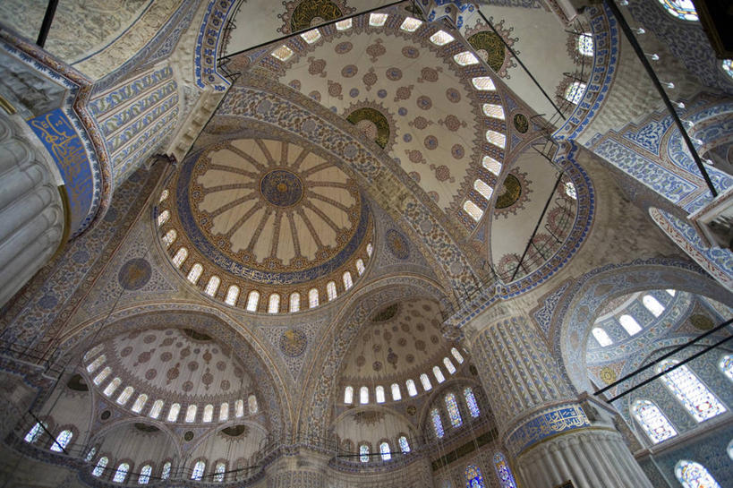 无人,横图,室内,天花板,城市,建筑,欧洲,亚洲,摄影,宗教,伊斯兰教,清真寺,伊斯坦布尔,蓝色清真寺,式样,彩图