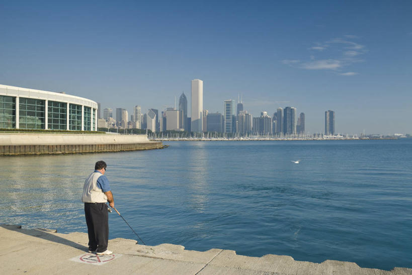 一个人,横图,室外,天际线,城市,摩天大楼,美国,摄影,北美,市区,伊利诺斯州,密歇根湖,芝加哥市,美国人,彩图