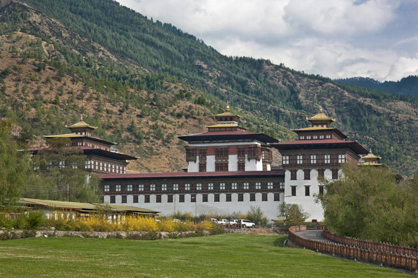 无人,横图,室外,白天,山,山脉,城市,建筑,不丹,首都,树,摄影,要塞,修道院,廷布,彩图