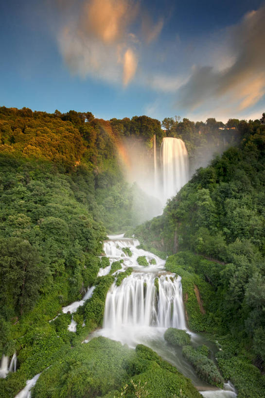 无人,竖图,室外,白天,彩虹,瀑布,日落,水,意大利,欧洲,树,摄影,翁布里亚大区,彩图