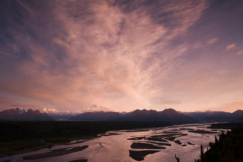 无人,横图,室外,河流,日落,山脉,美国,反射,地形,云,粉色,风景,摄影,宁静,麦金利峰,彩图