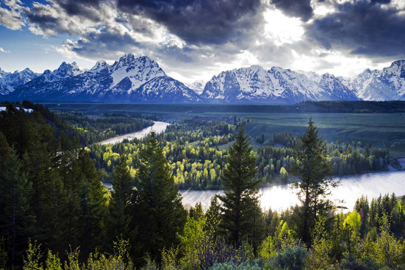 无人,横图,俯视,室外,河流,美景,森林,山脉,雪山,美国,弯曲,景观,风景,自然,黄昏,景色,摄影,宁静,自然风光,怀俄明,蛇河,大提顿国家公园,常绿树,自然地理,彩图,高角度拍摄