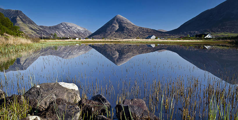 无人,横图,室外,湖,美景,山,英国,对称,反射,岛,景观,草,风景,自然,景色,摄影,宁静,自然风光,万里无云,斯盖岛,岩石,彩图