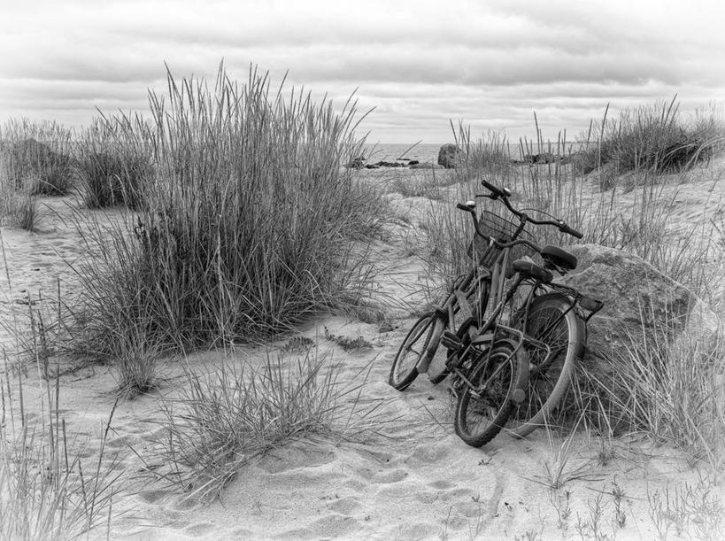无人,横图,黑白,室外,白天,自行车,沙子,云,办公用品,草,天空,自然,运输,摄影,多样,滨草,海滩