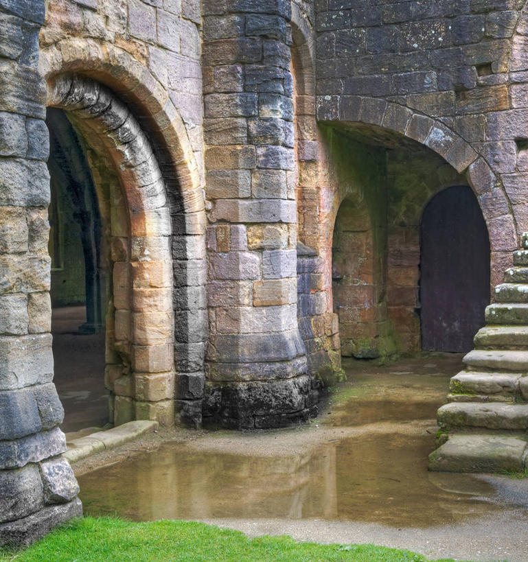 无人,竖图,室外,白天,建筑,英国,反射,拱门,历史,草,摄影,水坑,喷泉修道院,彩图