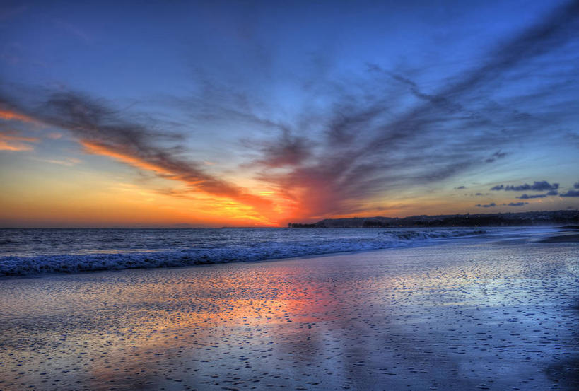 无人,横图,室外,海洋,美景,日落,美国,湿,反射,沙子,地平线,景观,云,风景,自然,景色,摄影,退潮,宁静,加利福尼亚,自然风光,海滩,彩图