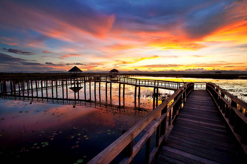 无人,横图,室外,湖,泰国,反射,木制,云,自然,摄影,人行桥,宁静,剪影,巴蜀,彩图