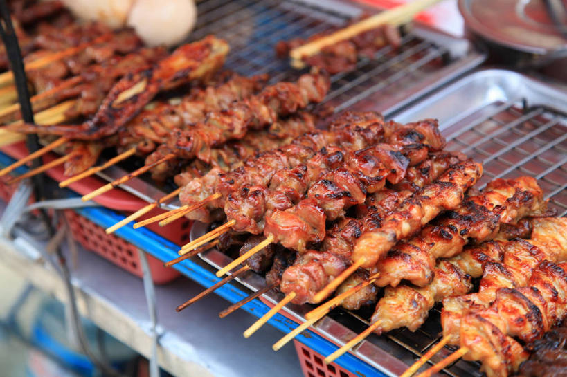 无人,横图,俯视,室外,白天,曼谷,泰国,肉,食品,市场,首都,饮食,排列,零售,摄影,清新,冷却架,彩图,高角度拍摄,沙嗲