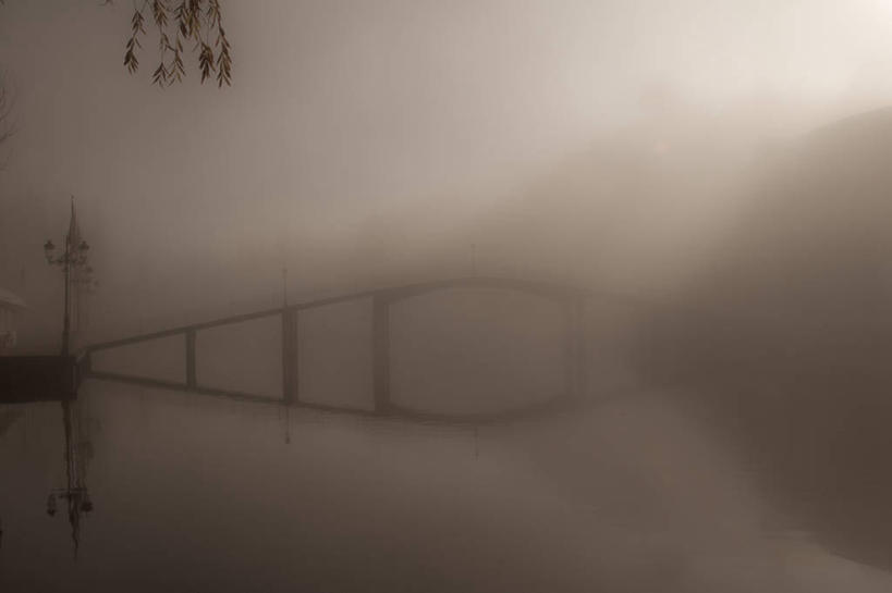 无人,横图,室外,湖,山,雾,西班牙,反射,桥,黎明,天气,联系,自然,摄影,宁静,塞戈维亚,彩图