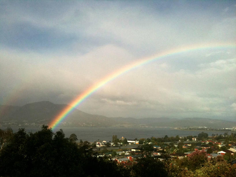 无人,横图,俯视,室外,白天,彩虹,河流,美景,山,澳大利亚,房屋,景观,云,树,风景,天空,自然,景色,摄影,宁静,自然风光,霍巴特,彩图,高角度拍摄