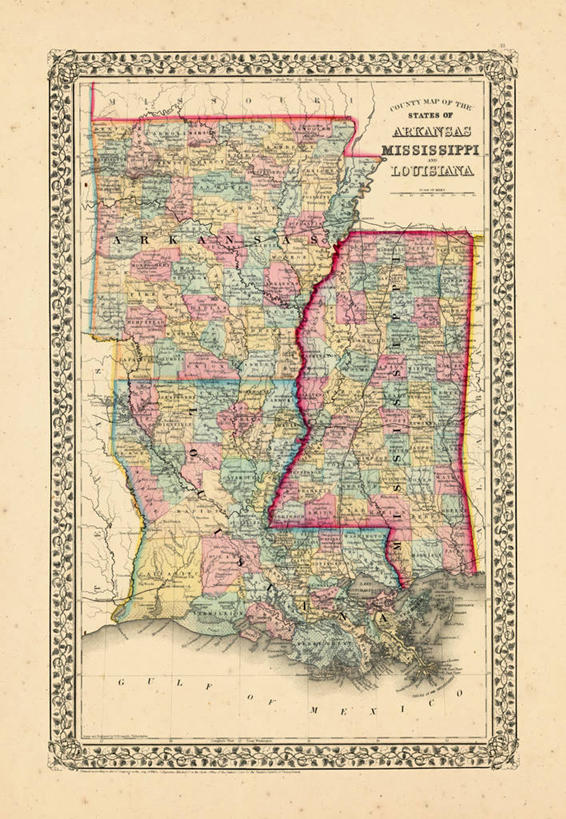 无人,竖图,地图,历史,古董,北美,路易斯安那州,阿肯色州,密西西比州,彩图