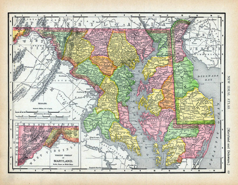 无人,横图,地图,历史,古董,马里兰,特拉华,彩图,地图学