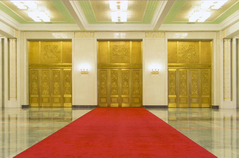 无人,人民大会堂,横图,室内,地毯,城市,建筑,北京,中国,亚洲,对称,走廊,首都,宏伟,摄影,东亚,红毯,彩图,金子,bj175